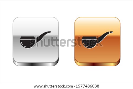 Black Smoking pipe with smoke icon isolated on white background. Tobacco pipe. Silver-gold square button. Vector Illustration