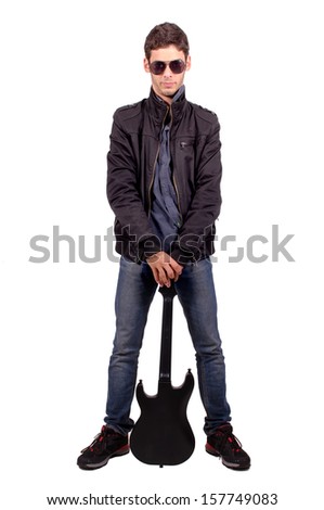 teenage boy with guitar isolated in white