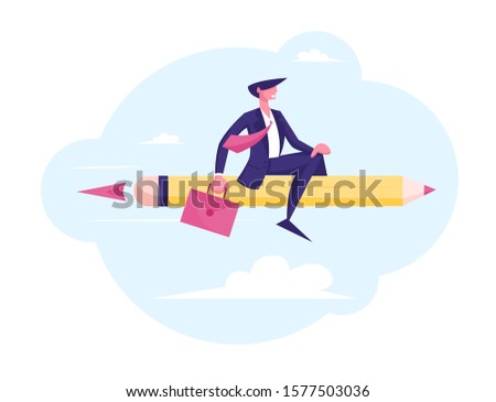 New Successful Project, Creative Business Innovation Startup. Business Man Character with Briefcase in Hand Flying on Huge Pen like on Rocket. Job Aim Achievement. Cartoon Flat Vector Illustration
