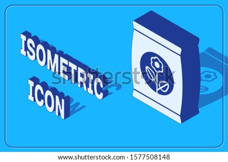 Isometric Fertilizer bag icon isolated on blue background.  Vector Illustration