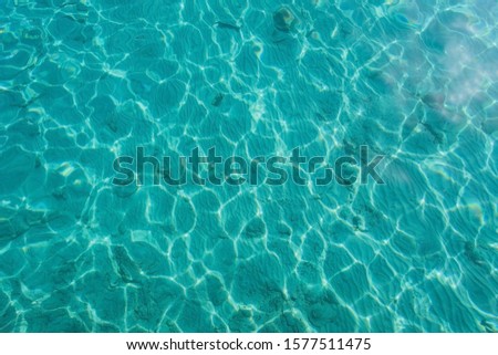 Clear sea water can be seen down to the sandy beach with white watermark.