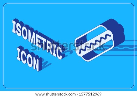 Isometric Hotdog sandwich with mustard icon isolated on blue background. Sausage icon. Fast food sign.  Vector Illustration