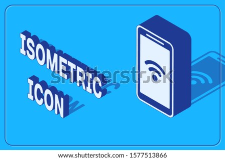 Isometric Smartphone with free wi-fi wireless connection icon isolated on blue background. Wireless technology, wi-fi connection, wireless network.  Vector Illustration