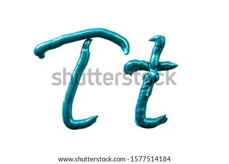 letter T of the latin alphabet. blue oil paint on white.