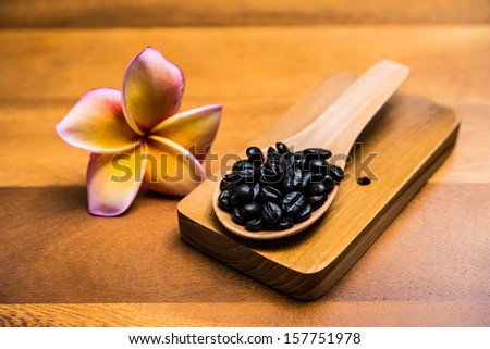 coffee beans in wood spoons on wood backgrounds