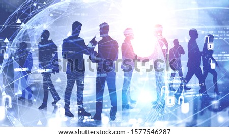 Diverse team of business people working in blurry city with double exposure of cyber security interface and planet hologram. Concept of data protection in business. Toned image