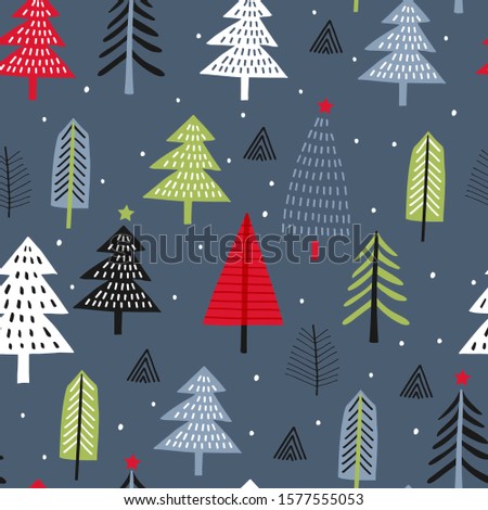 Seamless vector pattern with Christmas trees. Can be used for wallpaper, pattern fills, web page background, surface textures, gifts. Creative Hand Drawn textures for winter holidays.