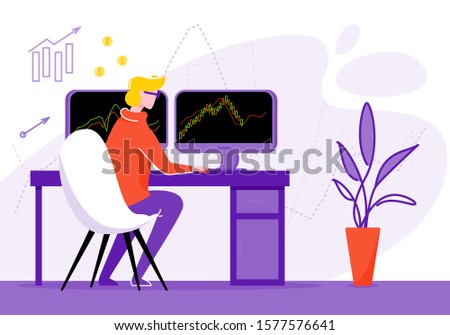 Stock broker sit on chair and looking at graphs on multiple computer screens. Vector illustration in flat style of traders office. Businessman trading stocks online.Business success concept.