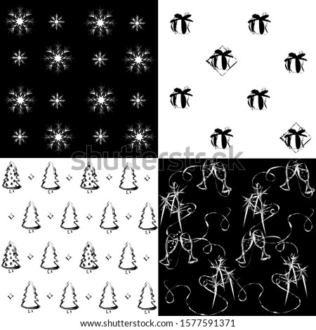 simple monochrome christmas patterns pack: christmas trees, champagne glasses and sparklers, gift boxes, snowflakes