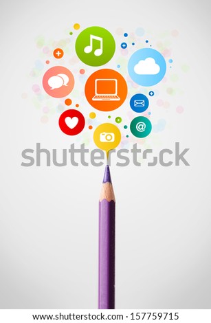 Coloured pencil close-up with social network icons