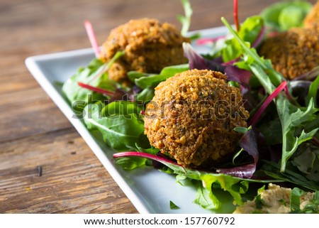 Middle East cuisine: a plate of delicious falafels and hummus. Vegetarian fare. Royalty-Free Stock Photo #157760792