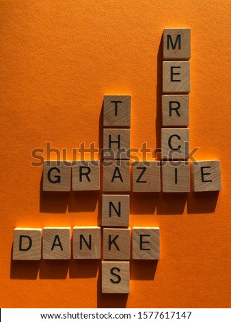 Thanks, Merci, Grazie, Danke in 3d wooden alphabet letters in crossword form. Word in four languages,  English, French, Italian and German. 