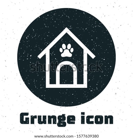 Grunge Dog house and paw print pet icon isolated on white background. Dog kennel.  