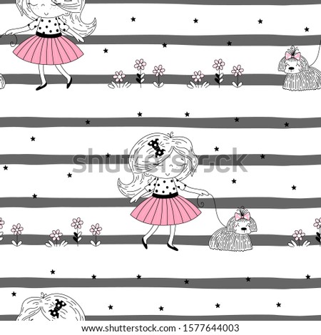 Vector seamless pattern illustration. Cute little french girl in pink and dog. Life is beautiful phrase. Simple minimalistic vector doodle illustration for girls