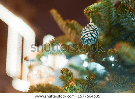 Christmas tree with decorations. Nice bokeh.