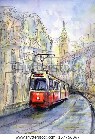 Hand drawn watercolor  illustration of old tram in sketch style Royalty-Free Stock Photo #157766867