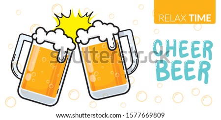 vector of two glass of beer clinking for celebration party with text relax time, cheer beer Royalty-Free Stock Photo #1577669809