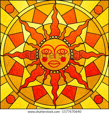 Stained glass window image of the orange sun with a happy face