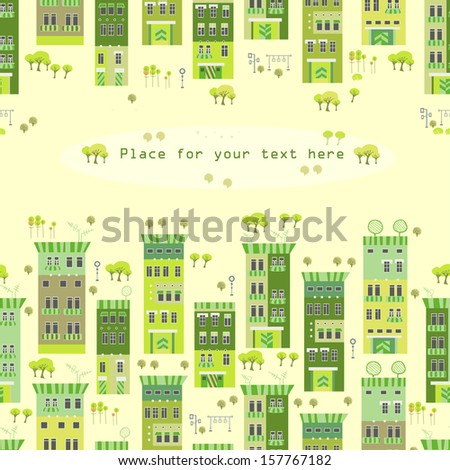 Doodle town houses seamless background. Vector illustration with cute city
