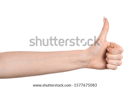 Female caucasian hands  isolated white background showing  gesture thumb up, approval.  woman hands showing different gestures