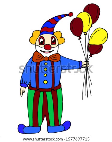 Circus clown with a ball. Colorful hand-drawn vector illustration isolated on white background.