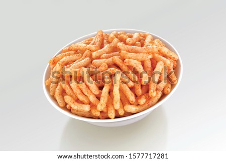 Fried and Spicy Stick, Sali Sev, noodles, Snacks or Fryums (Snacks Pellets) White background. selective focus - Image Royalty-Free Stock Photo #1577717281