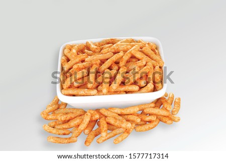 Fried and Spicy Stick, Sali Sev, noodles, Snacks or Fryums (Snacks Pellets) White background. selective focus - Image Royalty-Free Stock Photo #1577717314