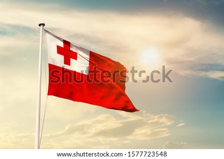Tonga national flag cloth fabric waving on the sky with beautiful sun light 