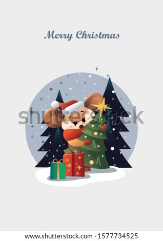Christmas illustration of a mouse carries a Christmas tree. Heppy New Year. Cute animal.