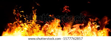Panorama Fire flames on black background. fire burst texture for banner backdrop. Royalty-Free Stock Photo #1577762857
