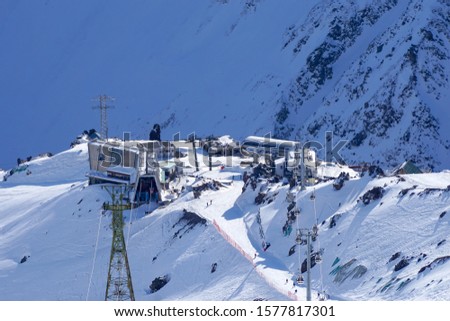 Elbrus region. View from the top of Mount Elbrus to Mir North Caucasus Station in Russia
