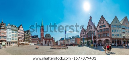 Sunset in the afternoon, panoramic view of the central square of Frankfurt, Germany. This is a big and wide picture.