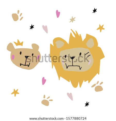 Vector illustration of a cartoon lioan and lioness for girl and boy print design. Modern style poster.  Hipster doodle print for postcard, children's clothes textile.Stars and hearts background.