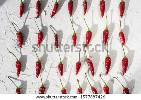 The dried whole chillies arrangement on white stone table 