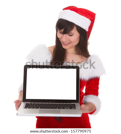 Female Santa Holding Laptop On White Background