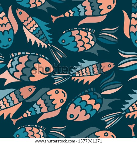 Seamless vector pattern with colorful stylized fish. The design is perfect for wallpaper, backgrounds, wrapping paper, sheets, clothes, stationery and decorations. 