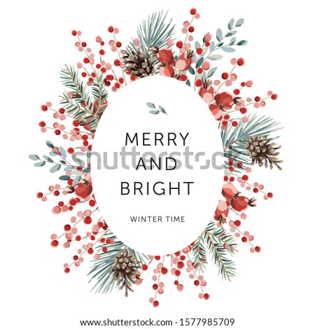 Christmas nature design oval frame, text Merry and Bright, white background. Green pine, fir twigs, cones, red berries. Vector illustration. Greeting card, poster template. Winter holidays xmas forest