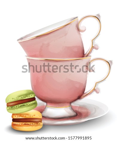 Pink watercolor tea cups with macaroon sweets. Vector