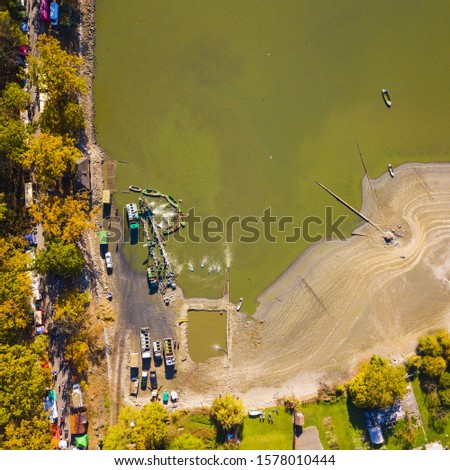 Aerial view of fish harvest on lake Bezdrev. Traditional fishing in South Bohemia, Czech republic, European union. Background concept.