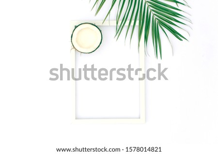 Tropical light background with frame, coconuts and palm branches.