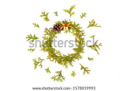 Christmas composition. Flat lay, top view, mockup. Green rustic Western red cedar (Thuja plicata)