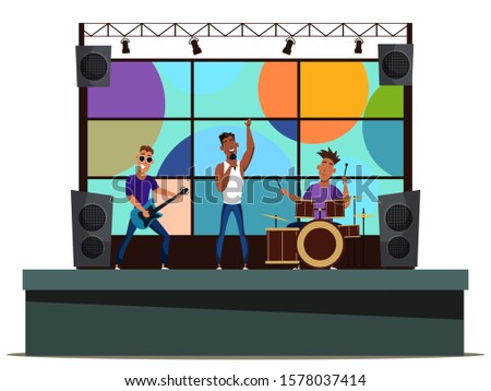 Cartoon singer, guitarist, drummer characters performing on stage. Afro-american vocalist and caucasian musicians taking part in music open air festival. Entertainment. Vector flat illustration