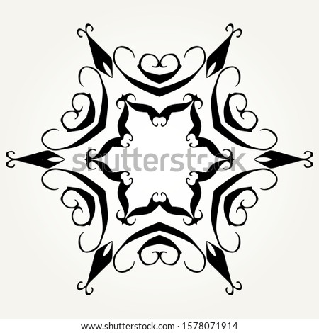 Ornate doodle round rosette in black over white backgrounds. Mandala formed with hand drawn calligraphic elements.