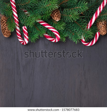 Empty greeting card for Christmas. Christmas tree branch decorated with garlands, cones and caramel sticks on a black wooden table background, top view