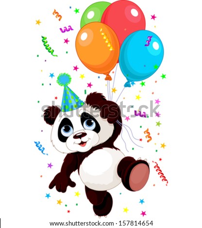 Funny panda flying with balloons