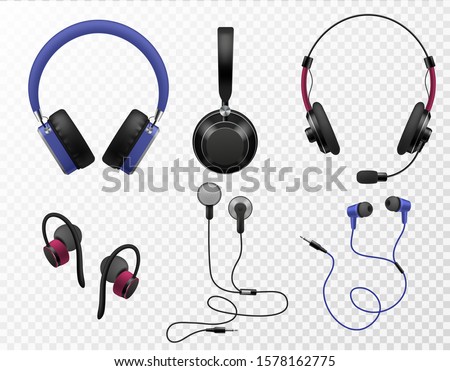 Music earphones. Various types realistic earbuds, wireless headset and portable in ear headphones, sound gadget accessories, 3d vector digital modern equipment set Royalty-Free Stock Photo #1578162775