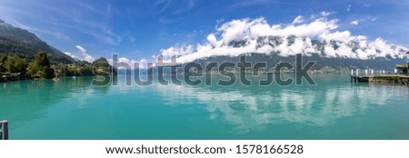 Panoramic view of Lake Thun and The Swiss Alps stock photo