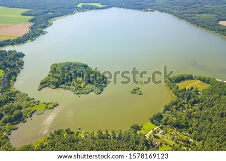 Aerial view of lake Dvoriste. Dvoriste is 4th biggest pond in Czech republic. Popular recreational region in South Bohemia, European union.