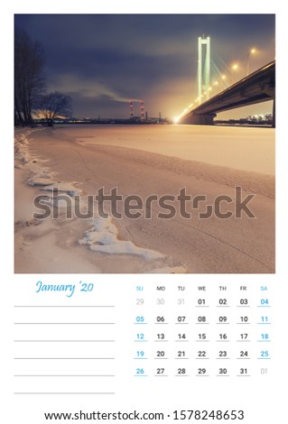 Photo calendar with beautiful minimalist landscape 2020. January