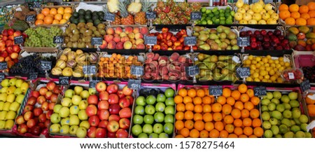 A stock of the tropical fruites on display in spanish green shop on Tenerife Island, Spain.